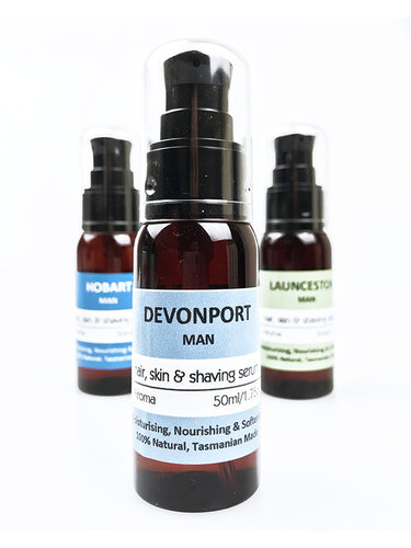A natural 4 in 1 product for men that's a daily skin moisturiser, a hair & beard oil, a shaving serum and a cologne scented with lavender, clary sage, patchouli, orange, may chang and cedarwood essential oils. perfect fathers day gift
