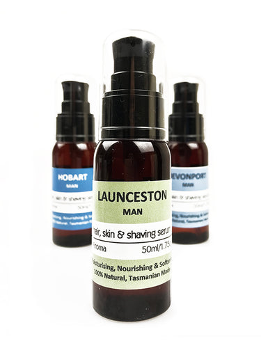 natural 4 in 1 serum for men - a daily moisturiser, hair and beard oil, shaving oil and a natural cologne scented with masculine blend of pure ylang ylang, sandalwood, black pepper, ginger and oak moss essential oils. Perfect fathers day gift.