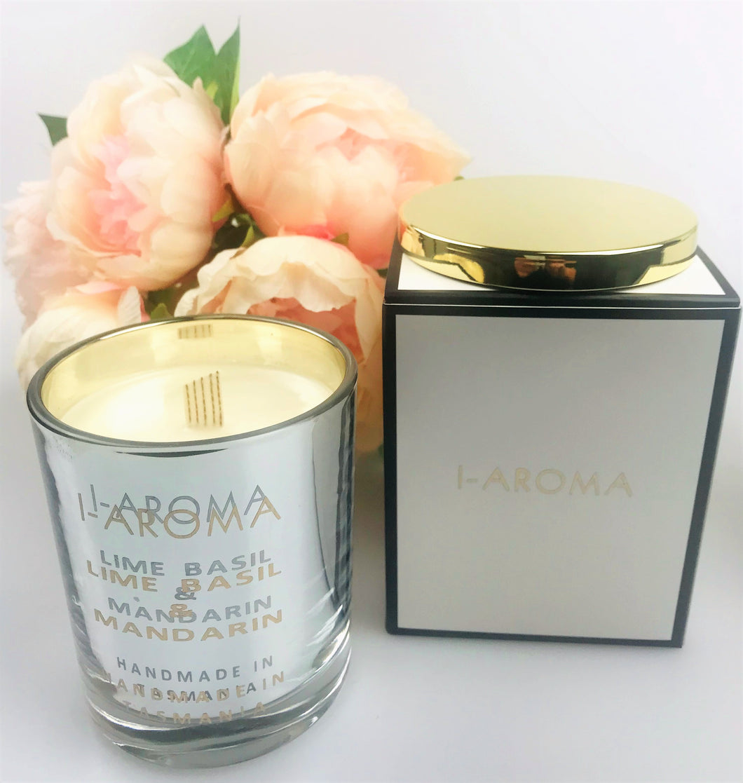 A very clean, fresh  and uplifting fragrance for the home. i-Aroma Lime, Basil & Mandarin Luxury Candle. Natural, made in Tasmania