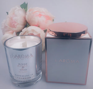 a sensual candle that emits the true floral scent of red roses complemented with the exotic woody fragrance of agarwood otherwise known as "oud".  Natural luxury candle, perfect mother's day gift, i-Aroma, Tasmanian made